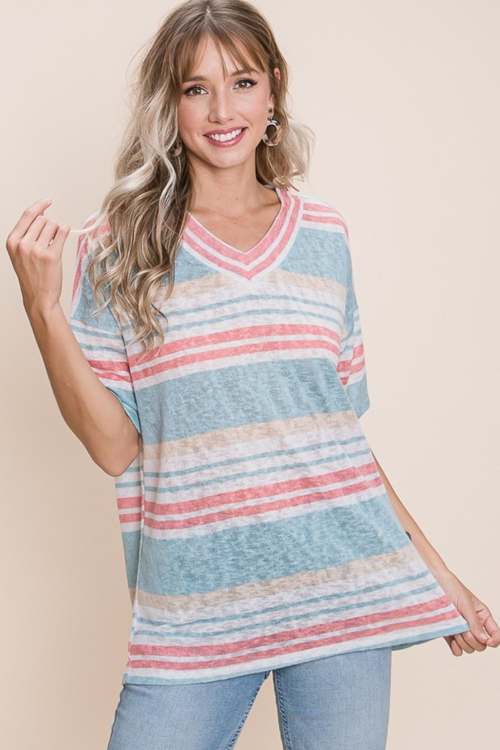 BOMBOM V-Neck Striped Knit Top