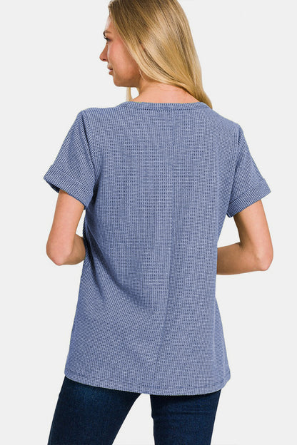 Zenana Notched Short Sleeve Waffle T-Shirt