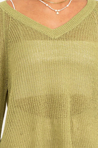 HYFVE Slit Rolled Hem V-Neck Knit Sweater in Pale Olive