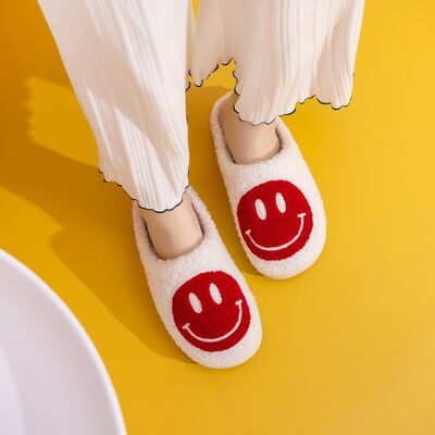 Melody Smiley Face Cozy Slippers - White/Red