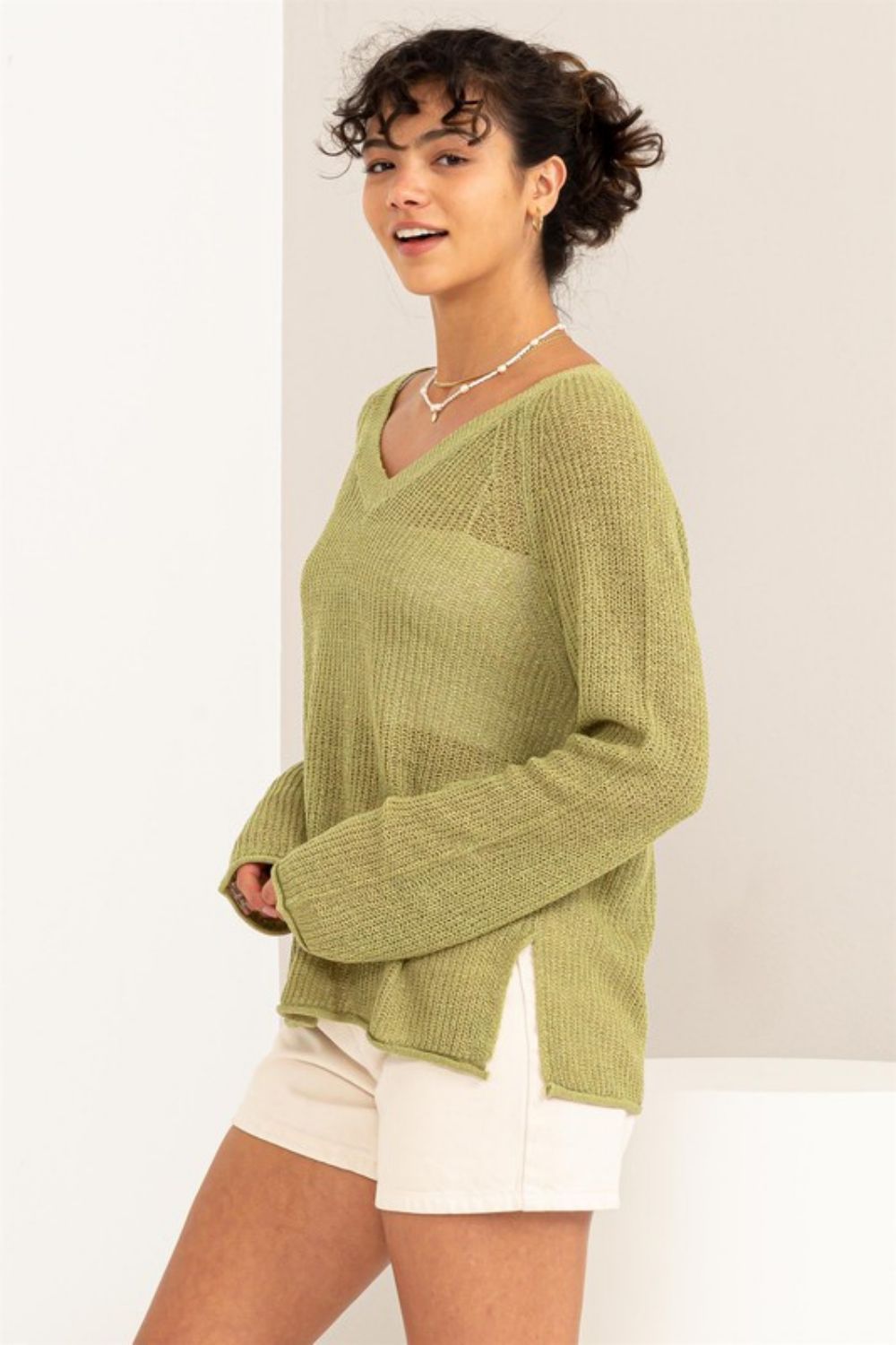 HYFVE Slit Rolled Hem V-Neck Knit Sweater in Pale Olive