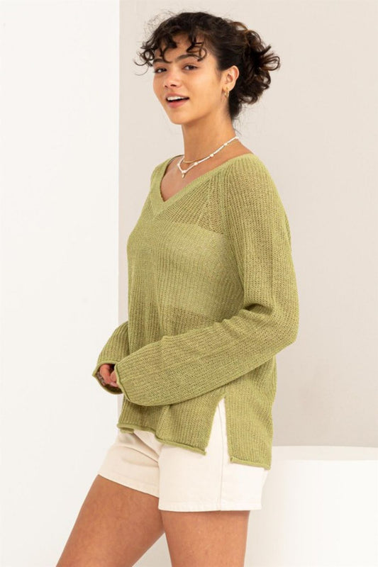 HYFVE Slit Rolled Hem V-Neck Knit Sweater in Pale Olive