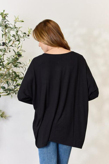 Zenana Full Size Round Neck Long Sleeve Top with Pocket