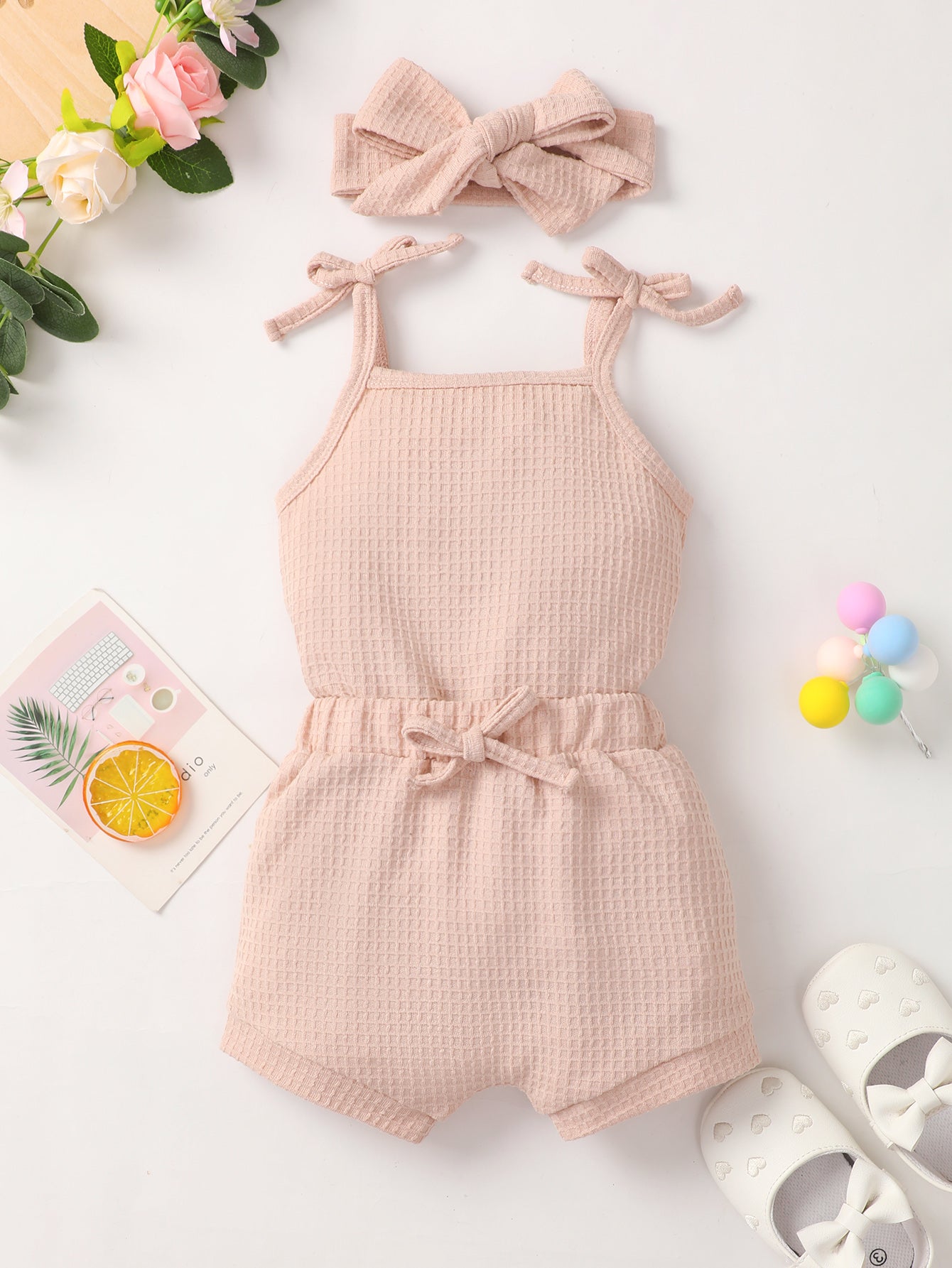 Baby Girl Waffle-Knit Tie-Shoulder Top and Shorts Set