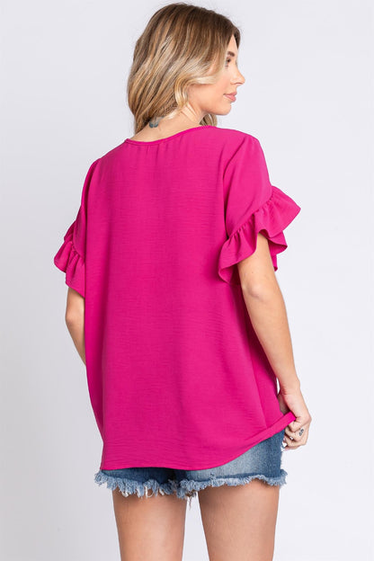 GeeGee V-Neck Ruffle Trim Short Sleeve Blouse