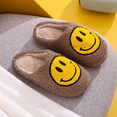 Melody Smiley Face Slippers - Khaki/Yellow