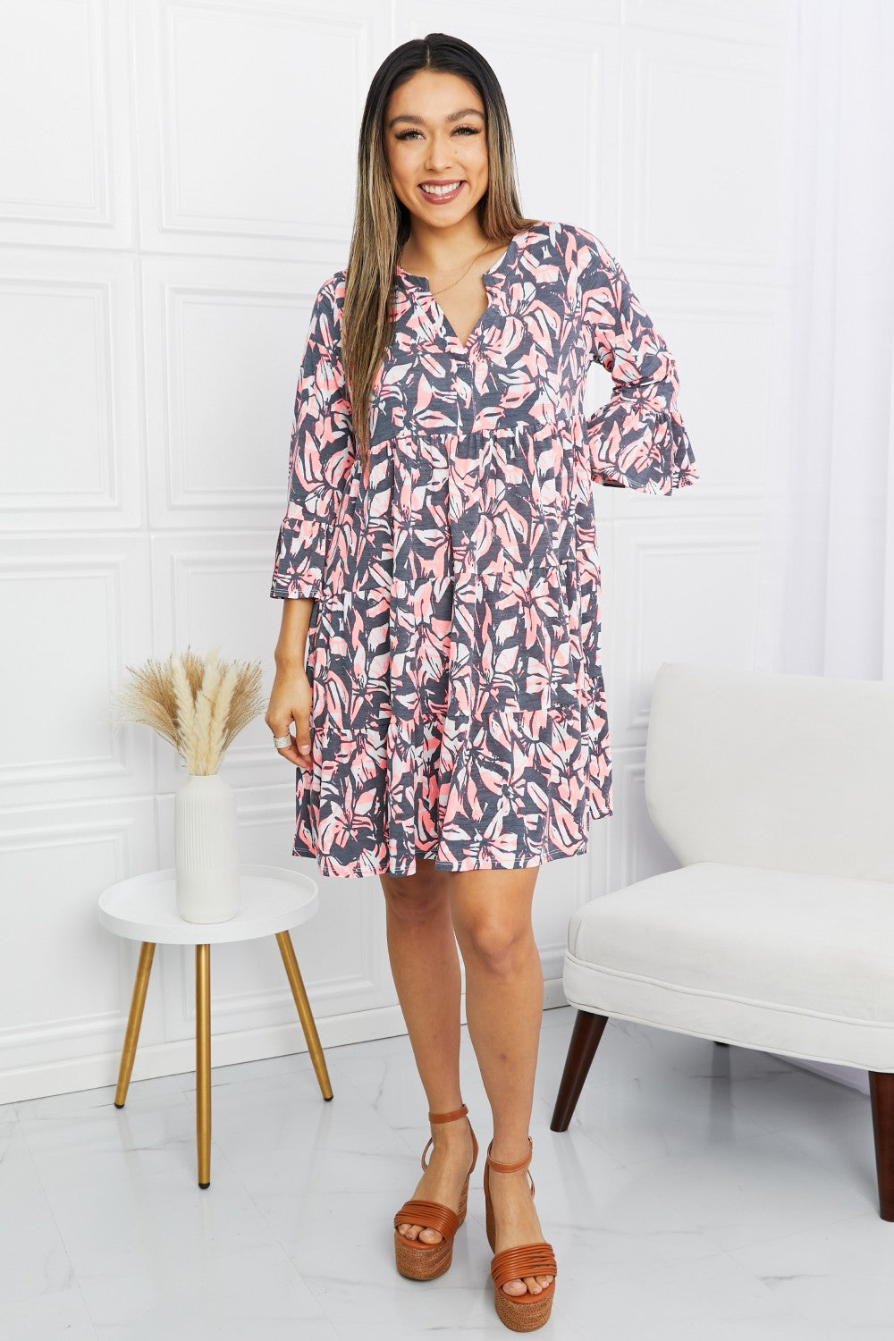 Sew In Love Full Size Floral Notched Neck Three-Quarter Sleeve Mini Dress