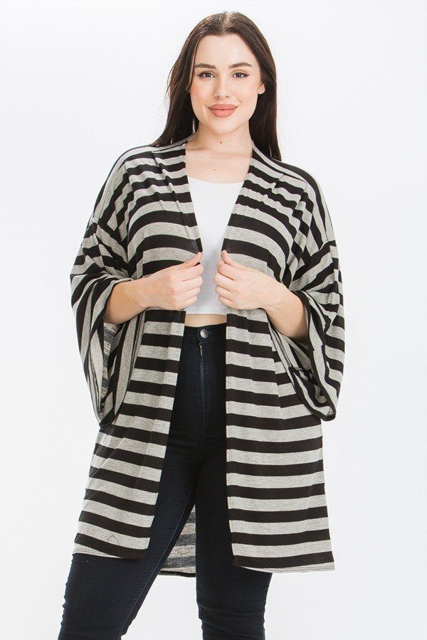 Plus Size Striped, Cardigan With Kimono Style Sleeves