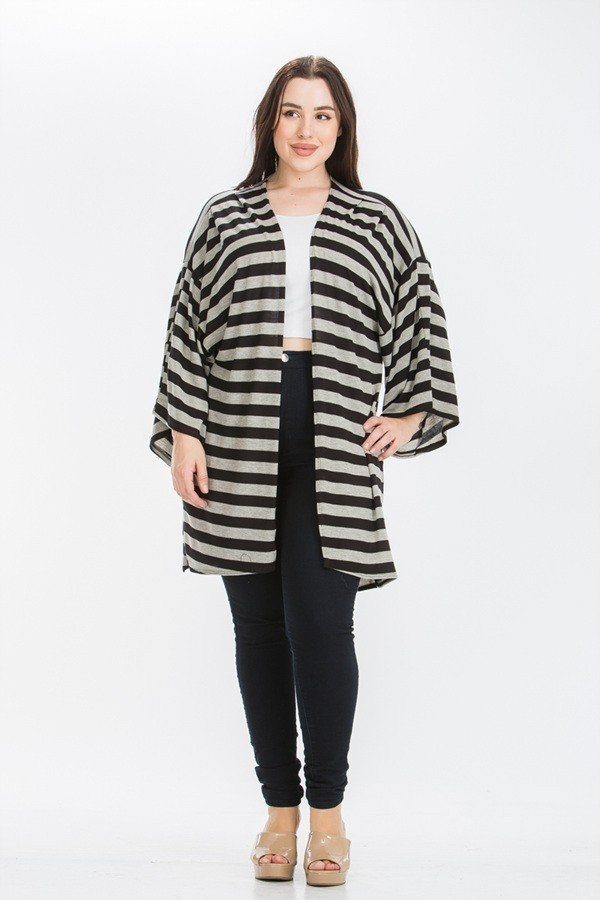 Plus Size Striped, Cardigan With Kimono Style Sleeves