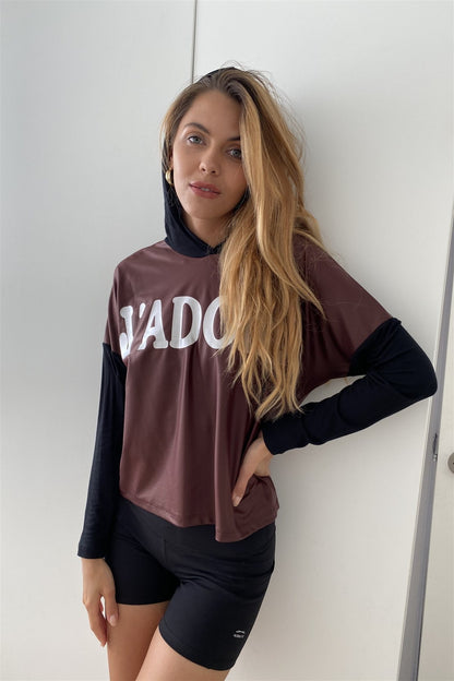 Burgundy And Black "j'adore" Silver Graphic Hoodie Top