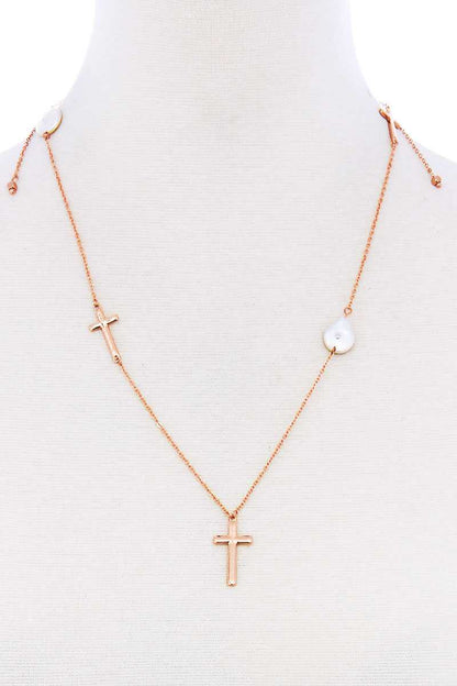 Triple Cross And Pearl Pendant Endless Necklace