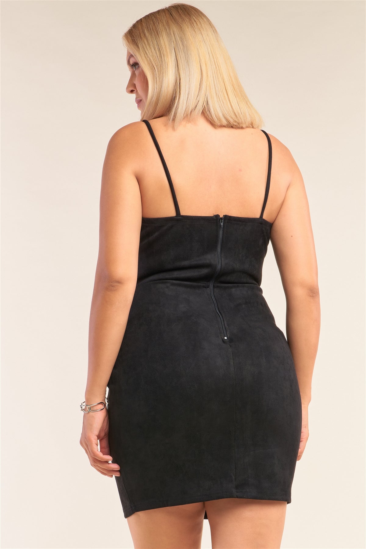 Plus Size Suede Sleeveless Fitted Square Neck Mini Dress
