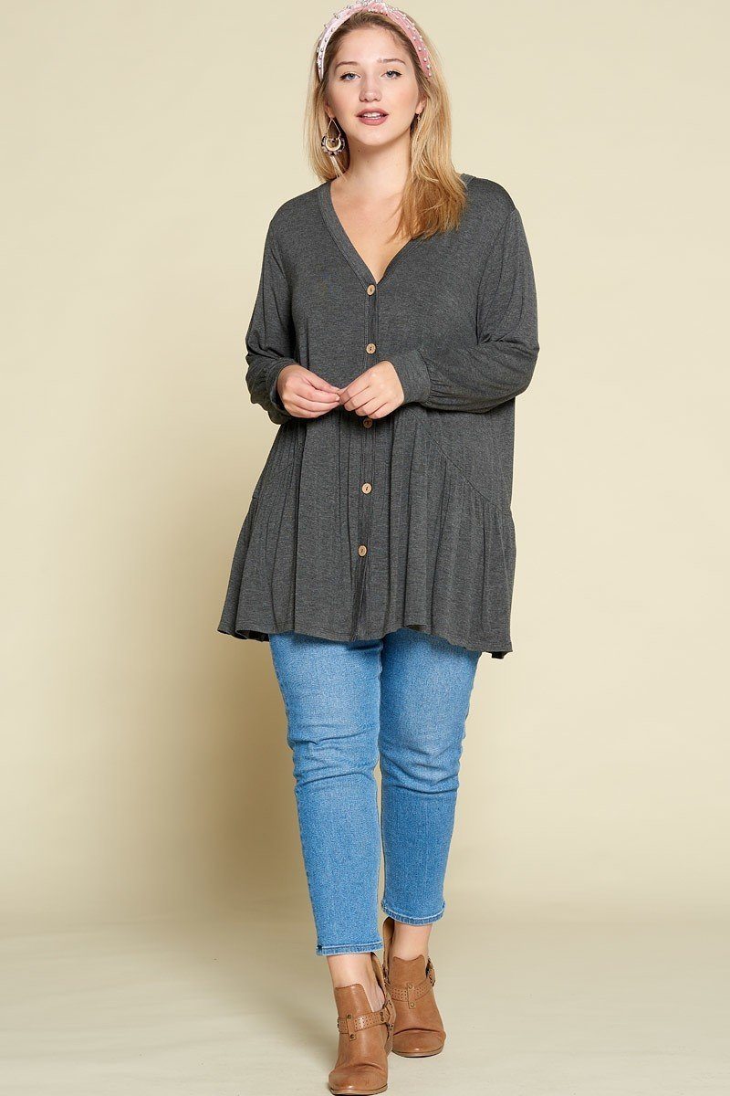 Plus Size Solid Heavy Rayon Modal Jersey Faux Button Up