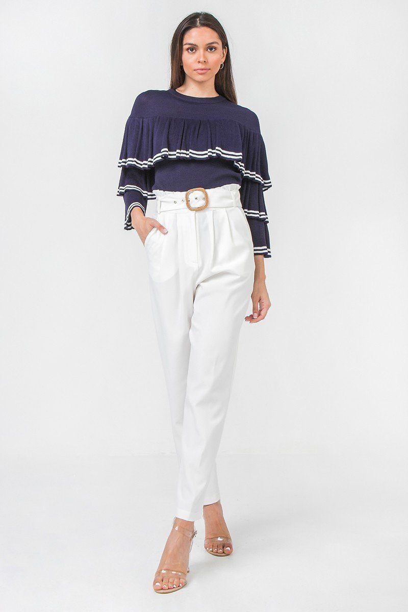 Solid Pant Featuring Paperbag Waist With Rattan Buckle Belt