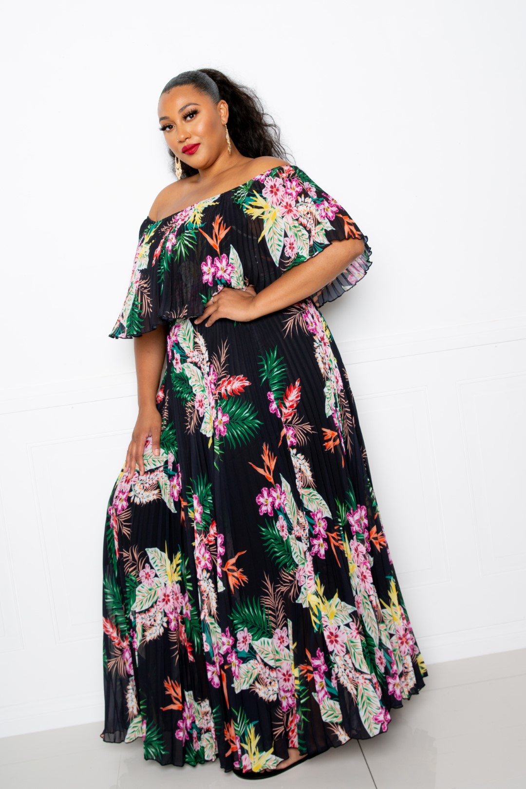 Tropical Printed Off Shoulder Pleated Maxi Dress