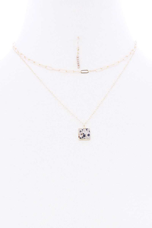 2 Layered Chain Metal Square Marbling Stone Pendant Necklace