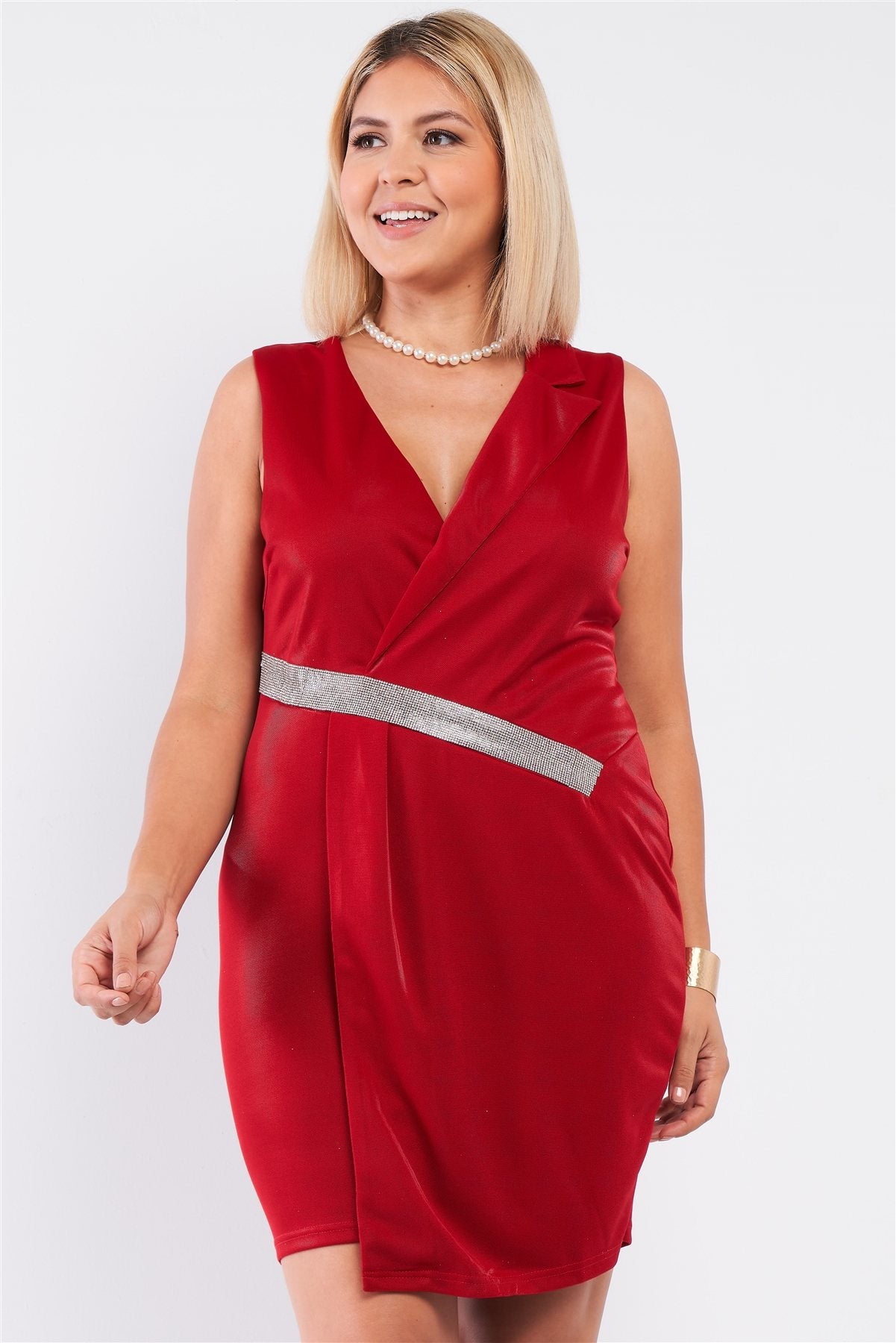 Sleeveless V-neck Asymmetrical Wrap Rhinestones Detail Fitted Mini Blazer Dress- Multiple Colors