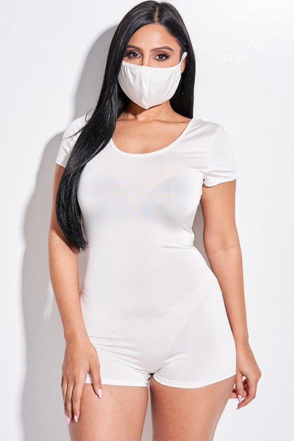 Short Sleeve Scoop Neck Romper And Face Mask 2 Piece Set- Multiple Colors