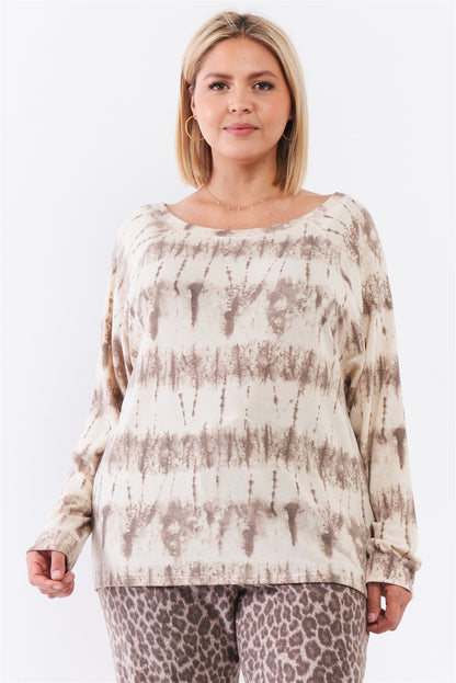 Plus Ivory Acid Wash Print Bateau Neck Relaxed Fit Long Sleeve Top