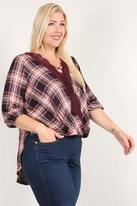 Plaid 3/4 Sleeve Top With Hi-lo Hem, V-neckline, And Relaxed Fit