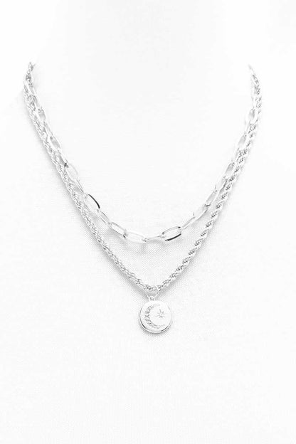 2 Layered Metal Chain Round Pendant Necklace