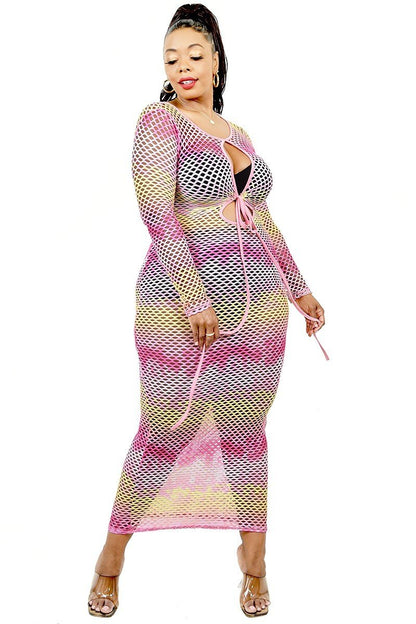 Plus Size See-through Gradient Fishnet Overlay Dress