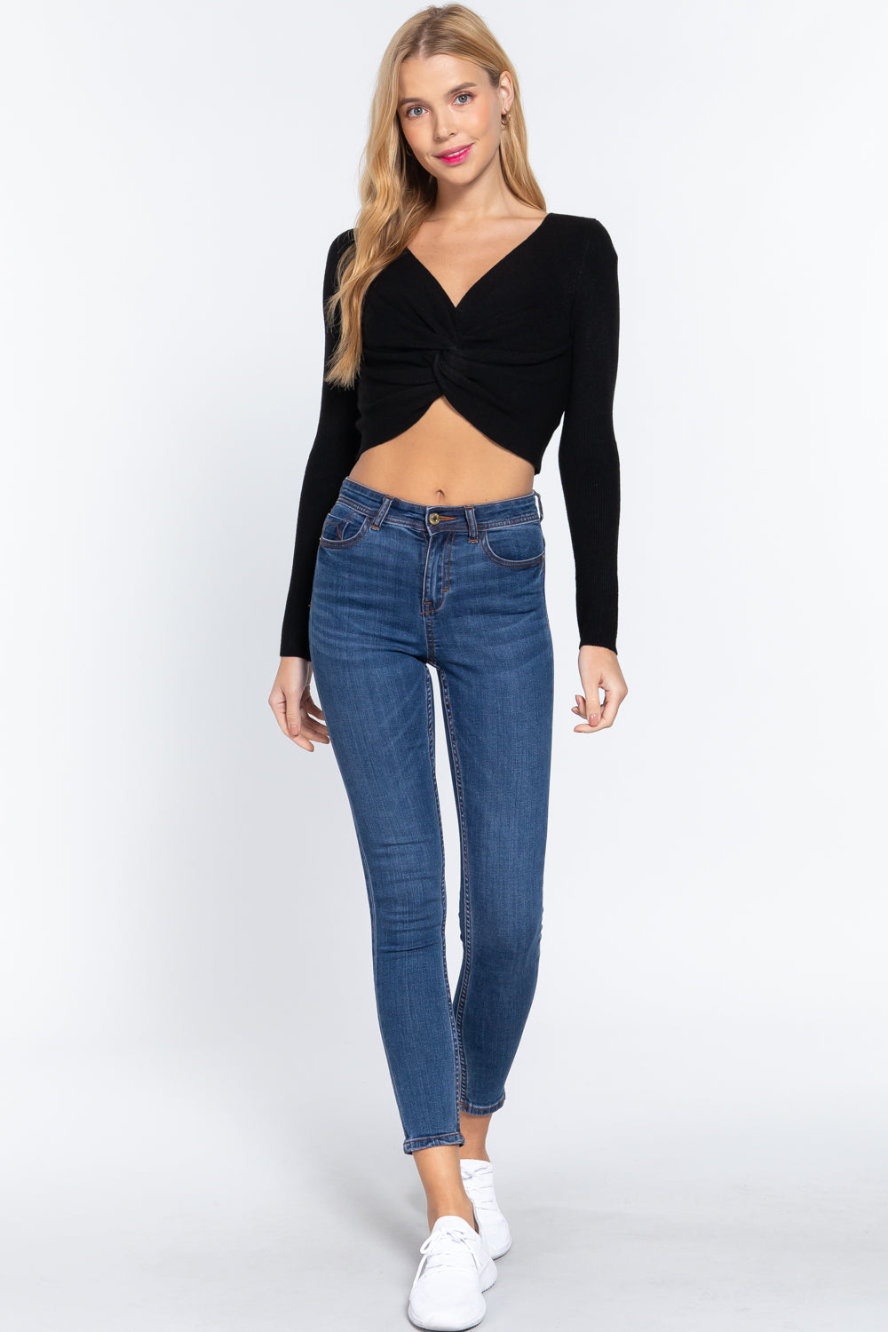 V-neck Front Knotted Crop Sweater- Multiple Colors