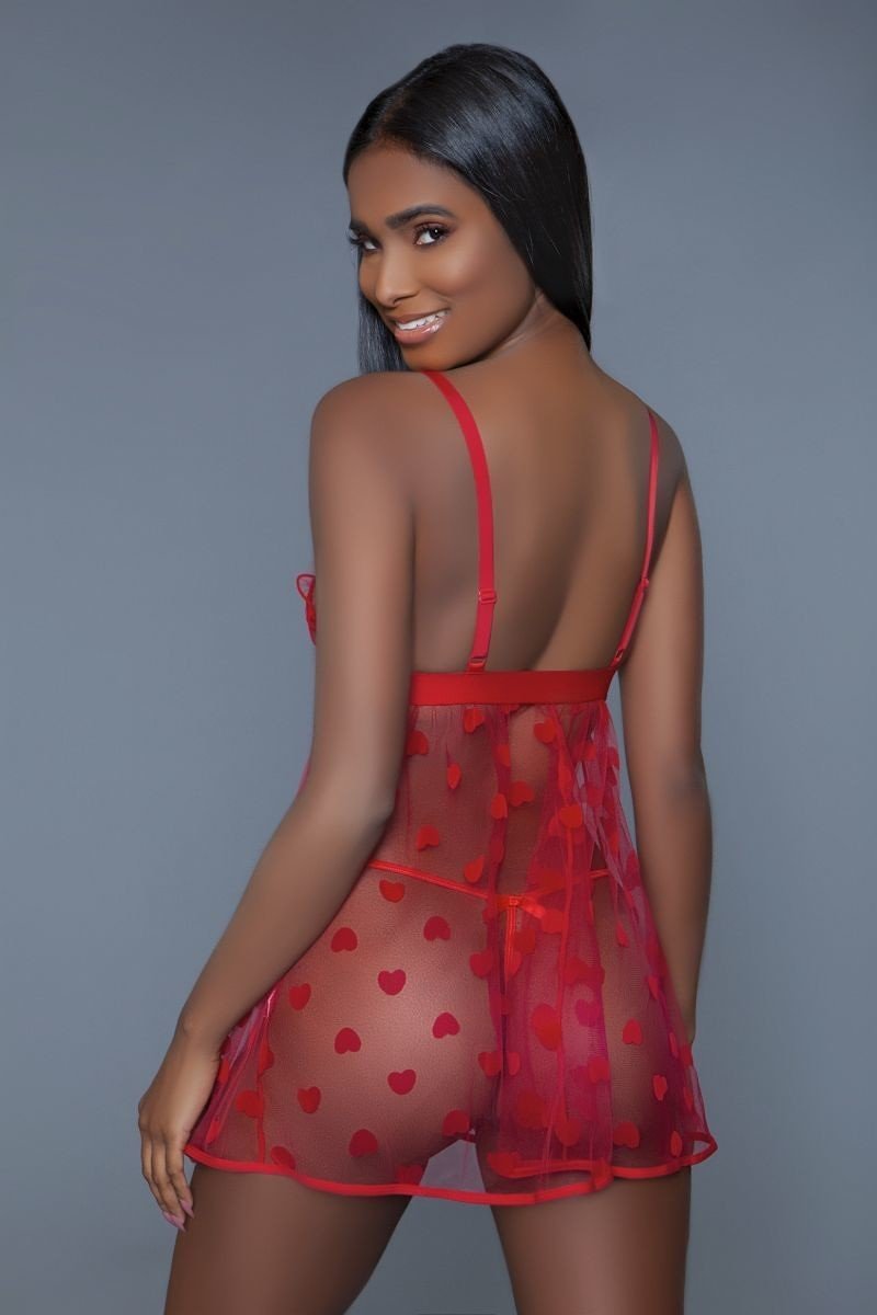1 Piece Fine Mesh Heart Designed Slip Dress- Red