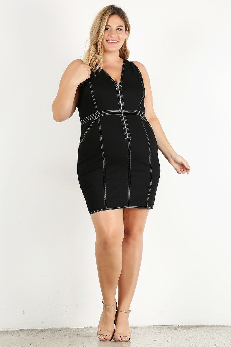 Plus Size Solid Bodycon Mini Dress- Black