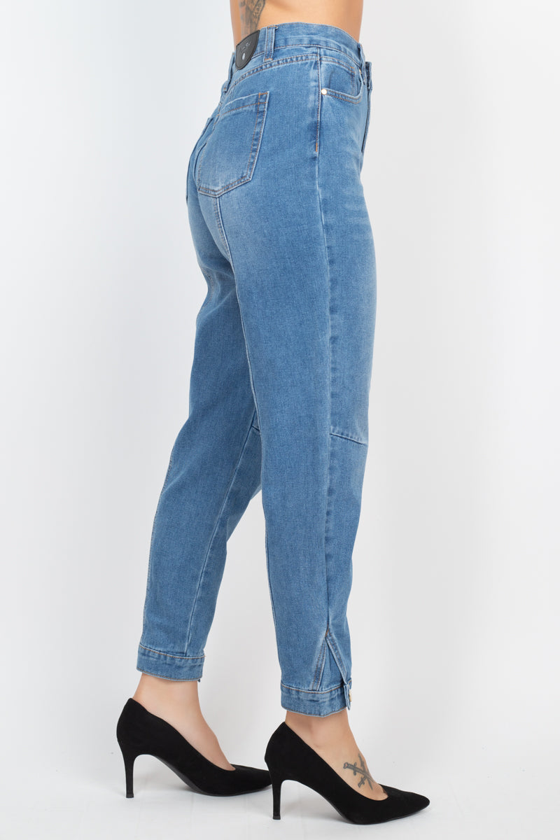 Cuffed-button Mom Jeans- Medium Denim