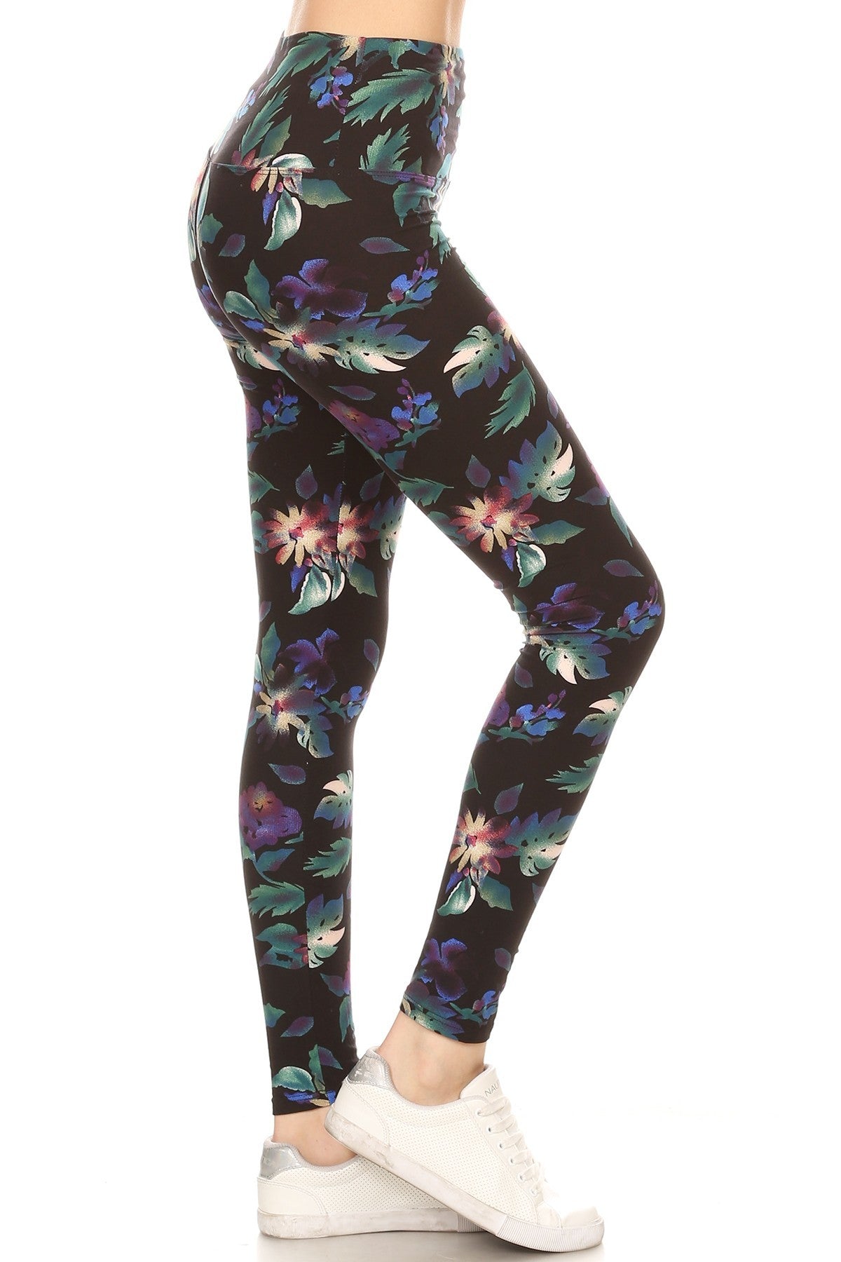 Long Yoga Style Banded Lined Floral Printed Knit Legging With High Waist