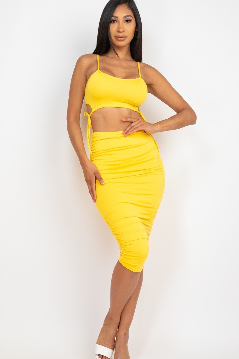Cut-out Tie Side Crop Top & Ruched Midi Skirt Set- Multiple Colors