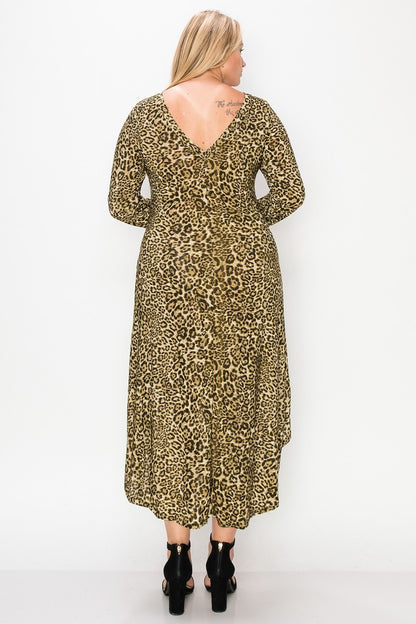 PLUS SIZE Cheetah Print Dress Featuring A Round Neck- 2 Colors
