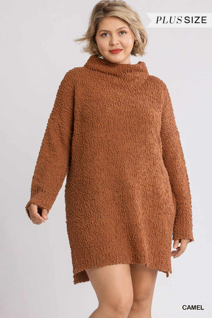 PLUS SIZE: High Cowl Neck Bouclé Long Sleeve Sweater Dress- Multiple Colors