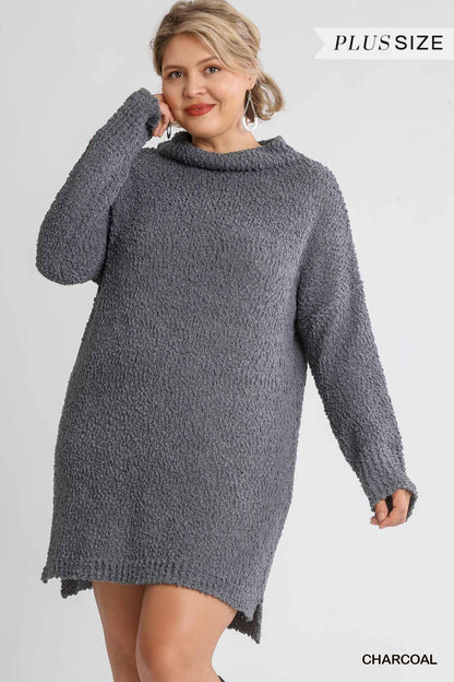 PLUS SIZE: High Cowl Neck Bouclé Long Sleeve Sweater Dress- Multiple Colors