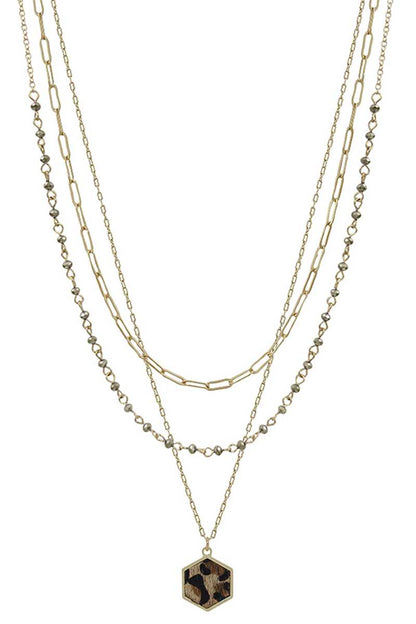 3 Layered Metal Crystal Bead Chain Hexagon Leopard Pendant Necklace
