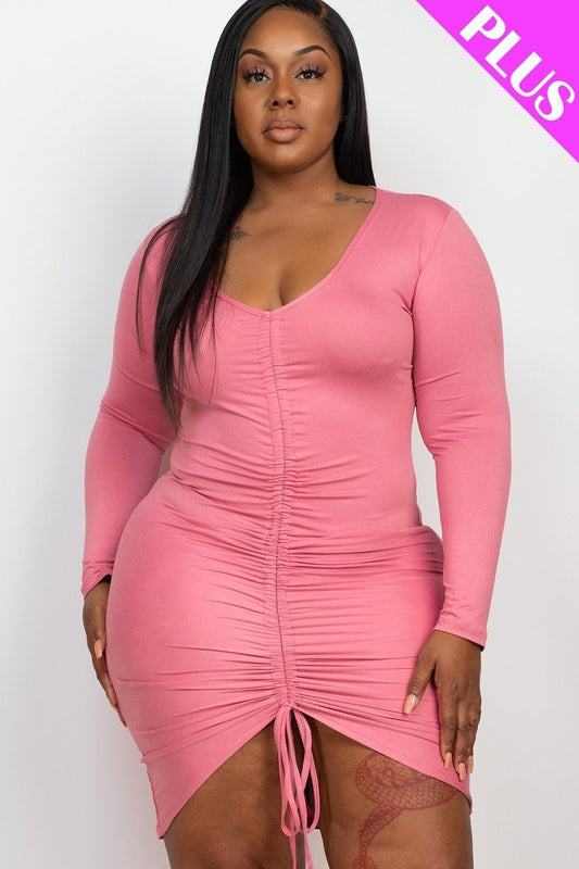 Plus Size Drawstring Ruched Front Dress- Multiple Colors