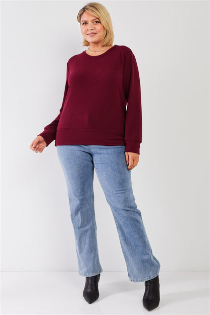 Plus Wine Red Ribbed Round Neck Long Balloon Sleeve Button Trim Top