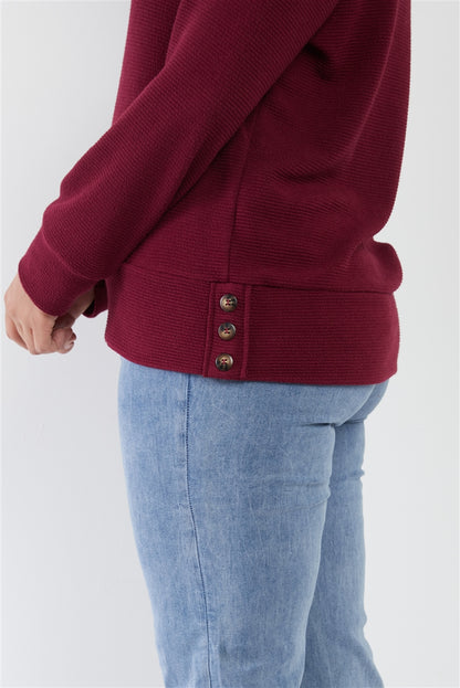 Plus Wine Red Ribbed Round Neck Long Balloon Sleeve Button Trim Top