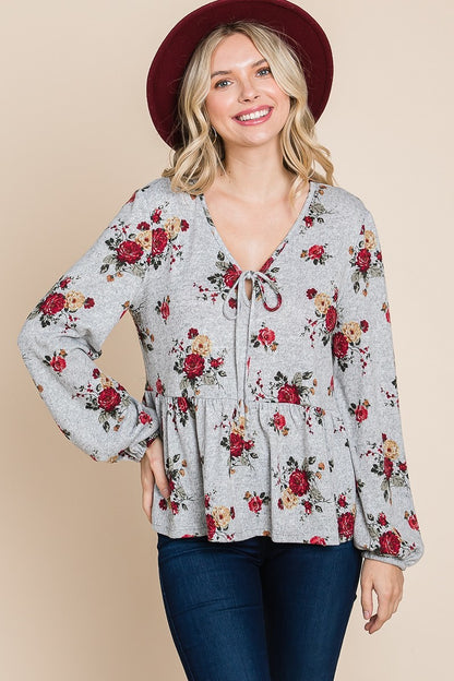 Floral Hacci Printed Babydoll Top With Elastic Cuff Sleeves