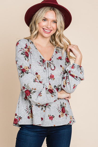 Floral Hacci Printed Babydoll Top With Elastic Cuff Sleeves