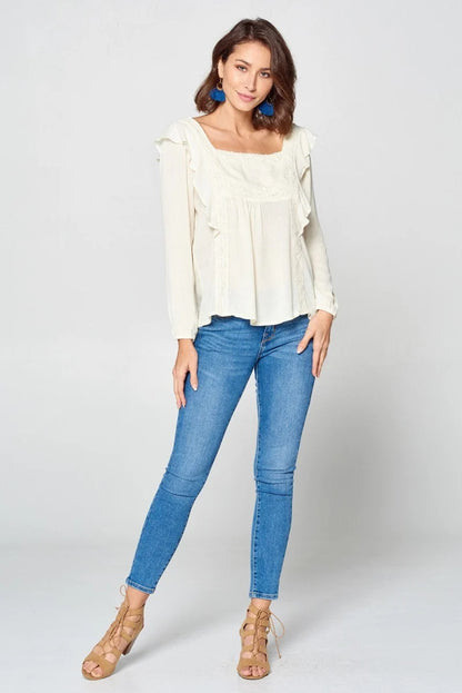 Solid Loose-fit Gauze Peasant Blouse
