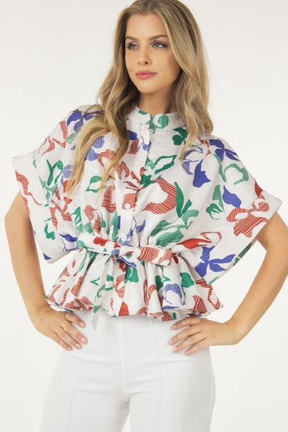 Floral Print Short Sleeve Top With Waist Tie
