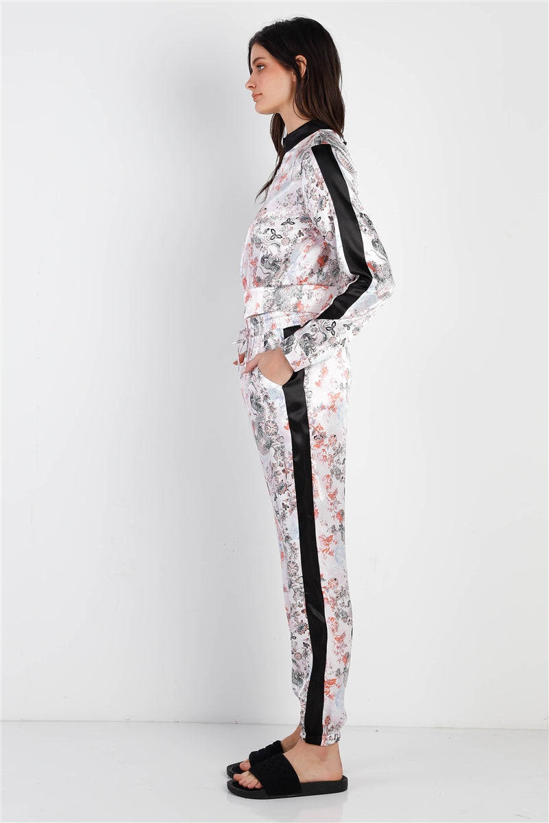 Black Contrast Satin Effect Multi Color Print Zip-up Jacket & Pants Set