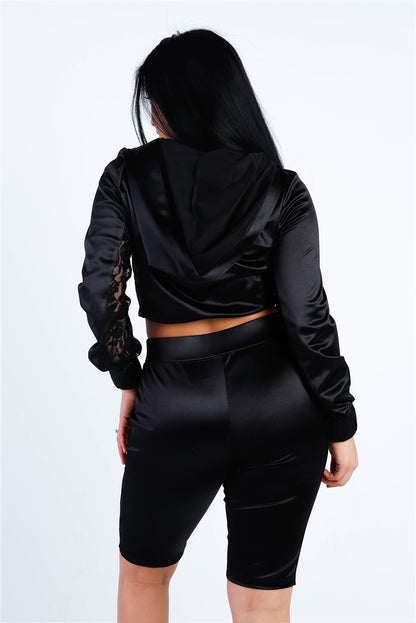 Black Satin Lace Details Long Sleeve Hooded Crop Top & Biker Short Set