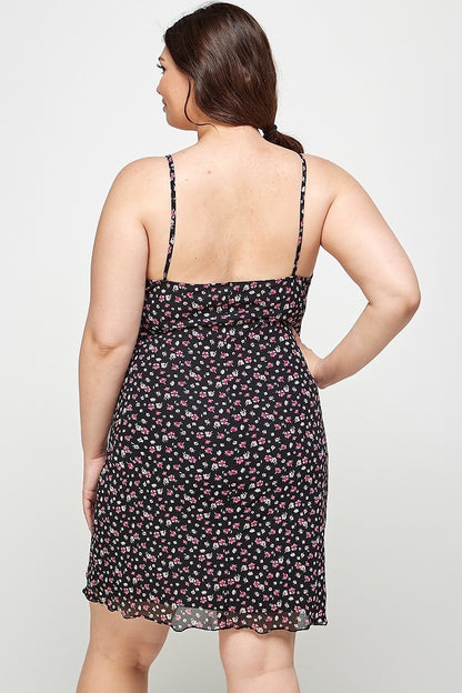 Plus Size Ditsy Floral Print On Mesh Fabric Cami Dress
