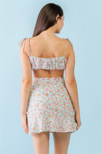 Mint Fuchsia Print Cotton Sleeveless Strappy Crop Top & High Waist Wrap Hem Mini Skirt Set