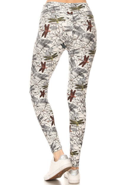 Yoga Style Banded Lined Dragonfly Print, Full Length Leggings In A Slim Fitting Style With A Banded High Waist