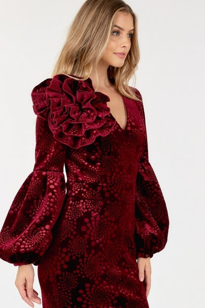 Flower Patch Flocked Velvet Fitted Midi Dress With Puff Sleeves