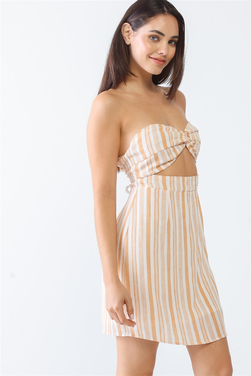 White & Apricot Stripe Print Strapless Twist Cut-out Smocked Back Mini Dress